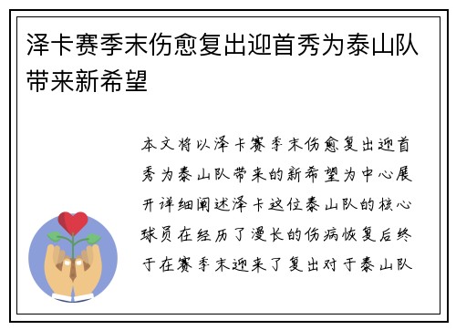 泽卡赛季末伤愈复出迎首秀为泰山队带来新希望